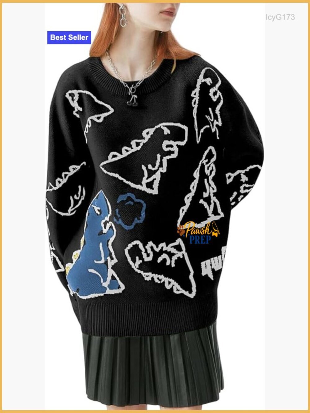 Oversized Dinosaur Graphic Sweater Pullover Crewneck Long Sleeve Knit